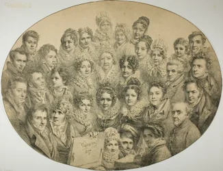 Porträts von 31 Personen in einem Oval