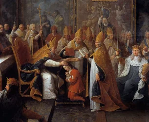 Die Krönung Ludwigs XV. König Ludwig XV. (1710-1774) wurde am 25/10/1722 in der Kathedrale von Reims vom Erzbischof von Reims in Anwesenheit des Regenten, des Herzogs von Orléans (1674-1723), und einer großen Menschenmenge gekrönt und gesalbt. Detail