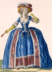 Englischer Reifrock in elektrisierendem Blau mit burgunderrotem Rüschenrand, graviert von Bacquoy, Tafel Nr. 182 aus 