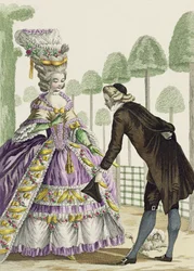 Dame in einem Fliederkleid promeniert in den Gärten des Palais Royal, Platte 13 aus 