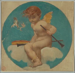Studie für Rundel mit Putto, der Musikattributen hält