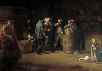 Ein Besitzer besucht seinen Keller im Burgund. Ein Winzer kontrolliert den Stand der Weinherstellung in seinem Weingut. Detail. 19. Jahrhundert. Beaune