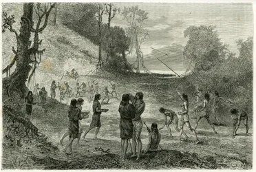 Speerwurfspiele zwischen 2 Stämmen der Zaparros, Männer üben und Frauen reiten ohne Angst um die Spieler herum und servieren ihnen Getränke. Gravur von Vignal, zur Illustration der Geschichte „Amazonas und Kordilleren“