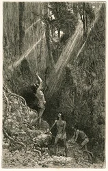 Suno-Indianer, von den Ufern des Napo-Flusses (Amazonas), jagen mit Blasrohr. Gravur von Vignal, zur Illustration der Geschichte „Amazonas und Kordilleren“