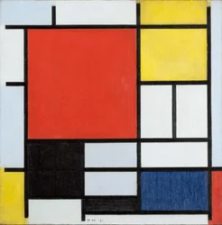 Komposition mit großer roter Fläche, gelb, schwarz, grau und blau, 1921