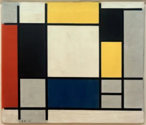 Komposition mit Gelb, Rot, Schwarz, Blau und Grau
