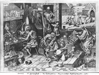 Der Alchemist bei der Arbeit, gestochen von Hieronymus Cock (ca. 1510-70)