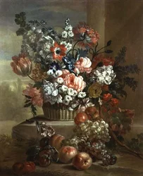 Stillleben mit einem Korb voller Blumen und Früchte