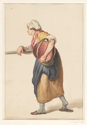 Stehende Frau mit einem Eimer unter dem Arm
