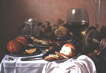 Stillleben mit Makrele, Kürbis und Brot