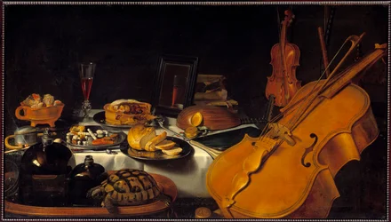 Stillleben mit Musikinstrumenten. Eine Schildkröte, eine Pastete, ein Glas Wein, Brot. Niederländische Schule, 1623. Maße: 0,69 x 1,22 m