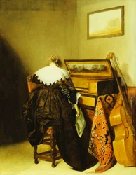 Eine sitzende Dame von hinten vor einem Virginal