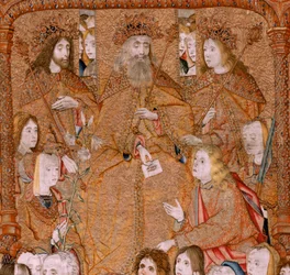 Serie Triumphe der Mutter oder Paños de Oro. Gott sendet den Erzengel Gabriel (Dios envía al Arcángel Gabriel). Erste Tapisserie in der Serie. Modell Colin de Cooter (?). Herstellung Pieter van Aelst (oder van Edingen), Brüssel. Ca. 1500-1502.