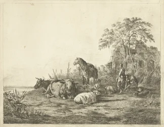 Hirte und Hirtin mit Viehherde