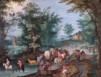 Landschaft mit Figuren, die einen Bach überqueren