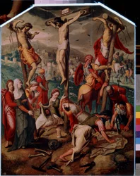 Kalvarienberg. Auf Golgatha, Jesus Christus gekreuzigt mit den beiden anderen zum Tode Verurteilten. Er trägt das Schild INRI auf dem Kreuz. Am Fuß weint die heilige Maria Magdalena um den Tod Jesu, ihr Flakon ist auf den Boden gefallen. Heilige Veronika