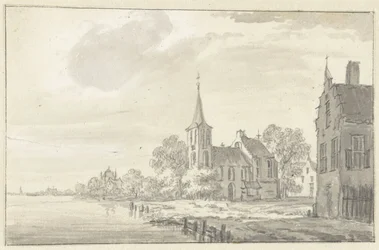 Dorfkirche und Häuser an einem Fluss