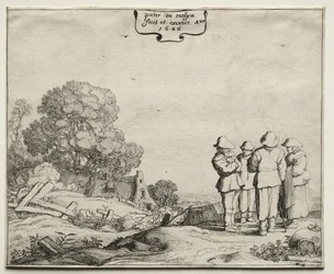 Landschaft mit vier Bauern im Gespräch