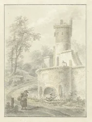Landschaft mit Angler und spazierende Frau bei einem Festungsturm