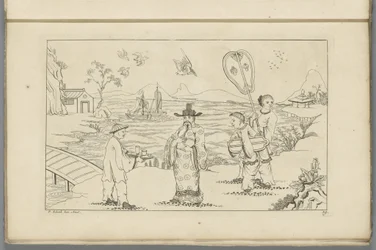 Chinesischer Herr empfängt Tee von einem Diener in einer Landschaft