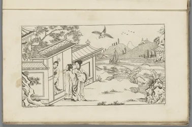 Landschaft mit drei chinesischen Frauen an der Türöffnung eines Hauses