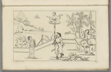 Landschaft mit Figur im Schneidersitz auf einem Podium