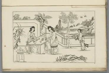 Landschaft mit zwei chinesischen Frauen, die ein Kartenspiel spielen