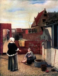 Eine Frau und ihre Magd in einem Hof
