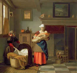 Kindermädchen mit Baby in einem Innenraum und ein junges Mädchen, das die Wiege vorbereitet