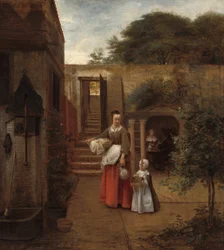 Frau und Kind in einem Innenhof