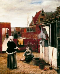 Frau und ihr Diener in einem Hof
