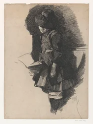 Stehendes Mädchen mit Hut, das in ein Buch schaut