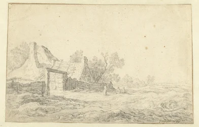 Dünenlandschaft mit drei Figuren vor einem Bauernhof