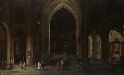 Innenraum einer gotischen Kirche bei Nacht, Blick nach Osten