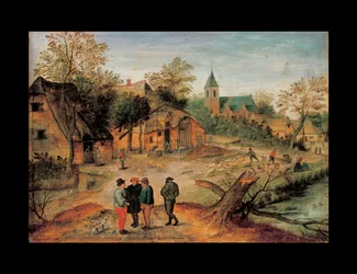 Ein Dorflandschaft mit Bauern, die im Vordergrund sprechen, 1634