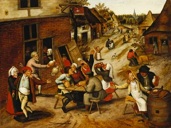 Bauern feiern vor dem Schwanenwirtshaus in einer Dorfstraße, 1630