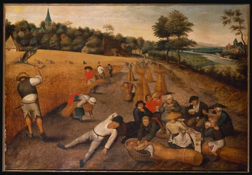 Sommer: Erntearbeiter arbeiten und essen in einem Kornfeld, 1624