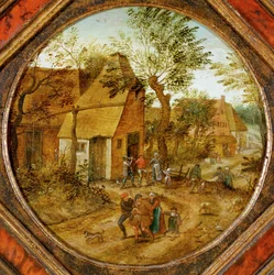 Dorfstraße mit Bauern