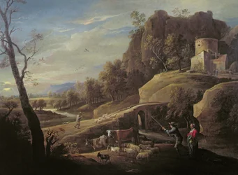 Landschaft mit Bauern, die ihre Tiere versorgen