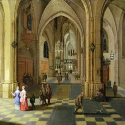 Das Innere einer gotischen Kathedrale mit zwei Frauen im Gespräch