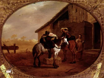 Abreise vom Hotel Zwei Reiter reiten nach einem Halt in einem Gasthaus