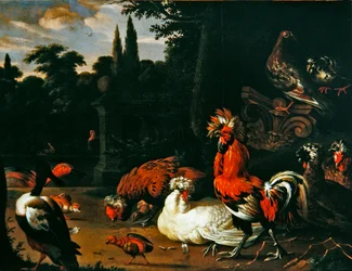 Ein Hahn, Hühner, Küken und Enten in einem Garten