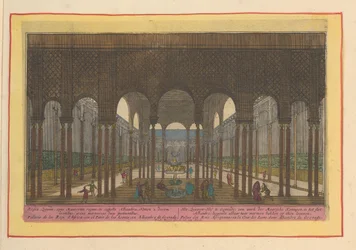 Ansicht des Löwenhofs in der Alhambra in Granada; Der Löwenhof in Granada, ein Werk der maurischen Könige in der Festung Alhambra, mit zwei dort auf zehn Löwen ruhenden Marmorbecken (Titel auf dem Objekt); Theatrum Hispaniae (...) (Serientitel)