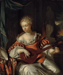 Eine Dame, die Laute in einer Portikus spielt