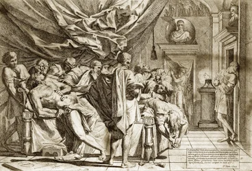Der Tod von Cato dem Älteren (Marcus Porcius Cato) oder Cato dem Zensor (234-149 v. Chr.) von Pietro Testa 1648 - Der Tod von Cato - 1648, von Pietro Testa (1612-1650 v. Chr.), Radierung