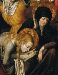 Kreuzabnahme (Deposizione), Detail von Maria Magdalena, die die Füße Christi umarmt, frühes 16. Jahrhundert