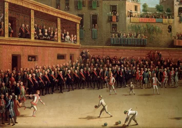 Italienisches Ballspiel (palla a bracciale) im Innenraum. Gemälde von Pietro Fabris