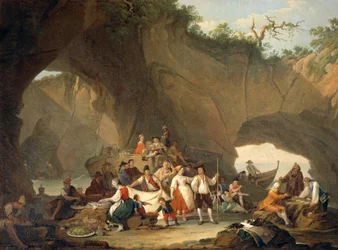 Gewöhnliche Leute beim Mittagessen vor der Grotte