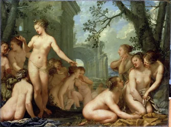 Diana und Kallisto. Griechische Mythologie: Diana entdeckt die Schwangerschaft der Nymphe Kallisto, die von Zeus schwanger ist. Barockkunst. Eremitage, Sankt Petersburg