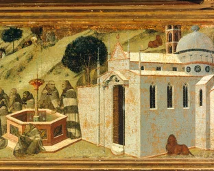 Die ersten karmelitischen Eremiten an der Quelle des Elija, Detail aus der Predella des Altarbildes für die Karmeliterkirche, Pinacoteca Nazionale, Siena